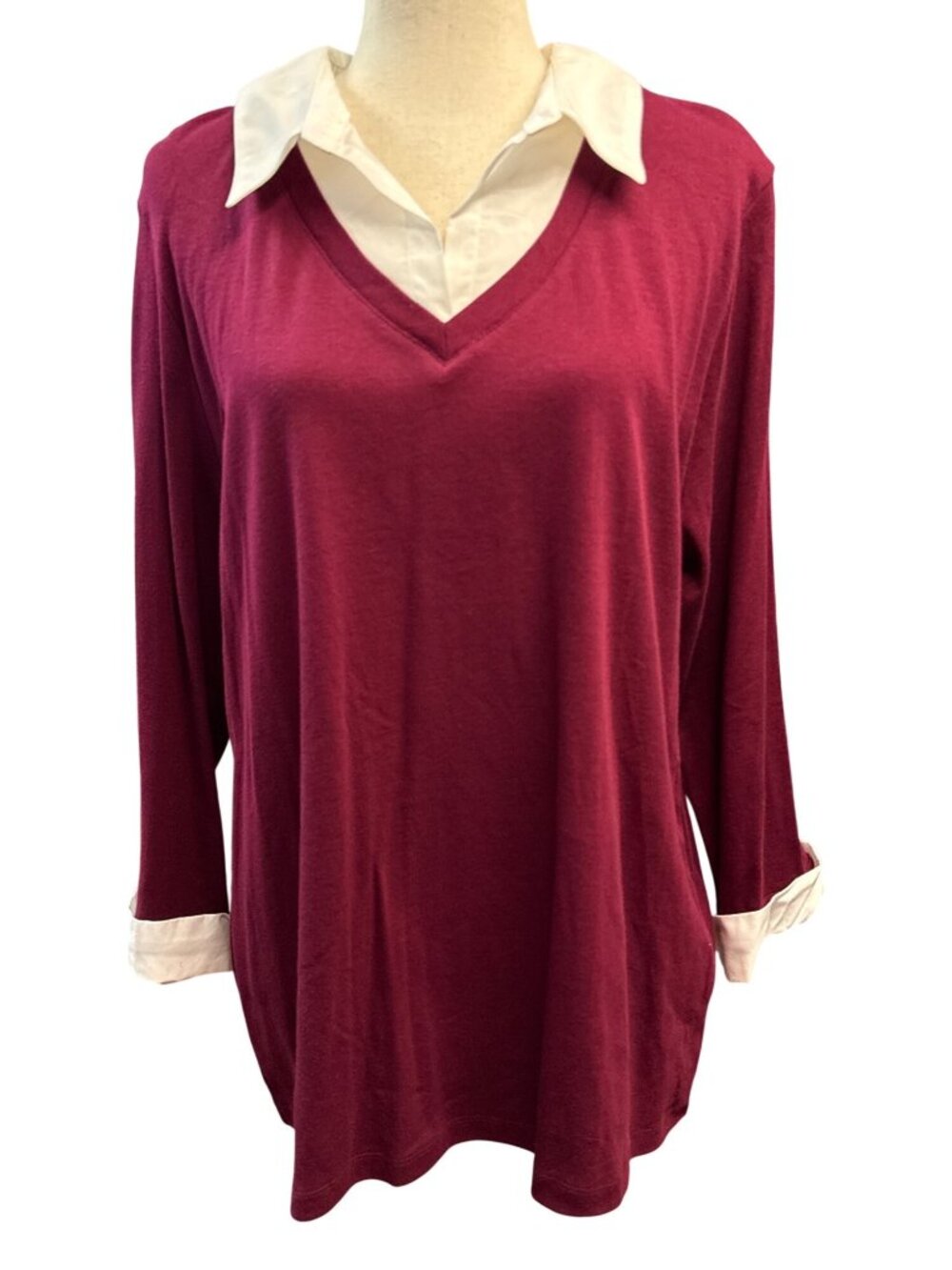 KAREN SCOTT Cotton Layered-Look Woven Top Cassis~Size 1X~Merlot NWT L2 36